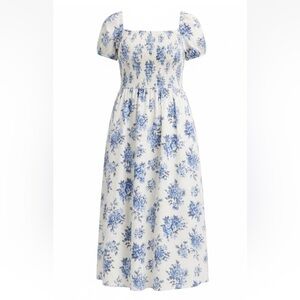 NWT LOFT Smocked Blue Floral Cream Dress M Medium Cottagecore Puff Sleeve Midi